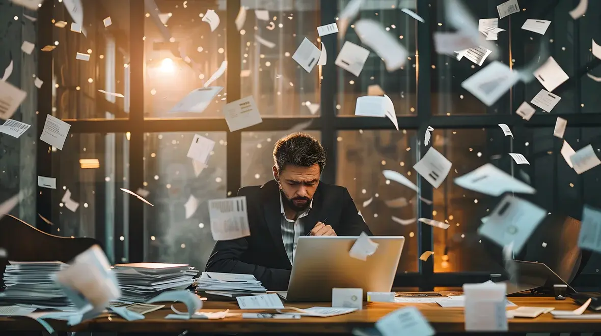 Hombre trabajando en una oficina desorganizada con documentos volando, simbolizando el estrés y la productividad laboral